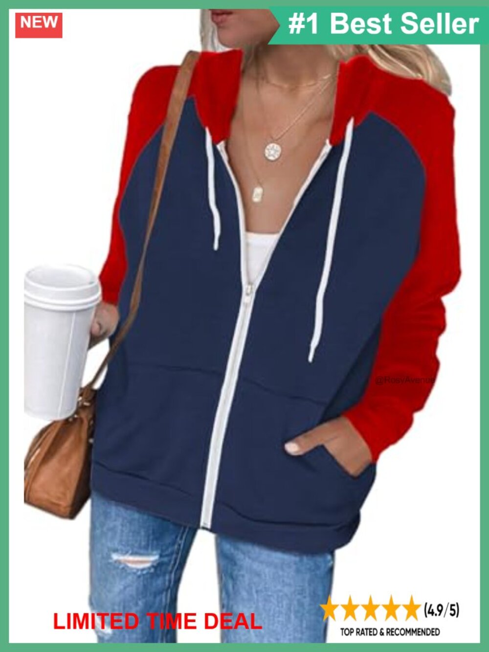 Women's Zip Up Hoodie Long Sleeve Color Block Sweatshirt